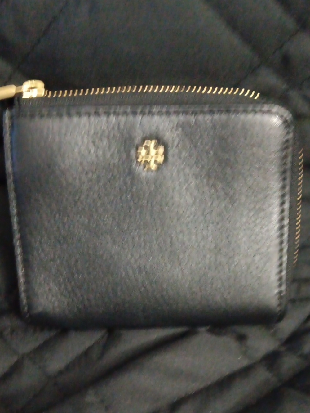 Black Leather Tory Burch Zip Wallet with Gold Logo